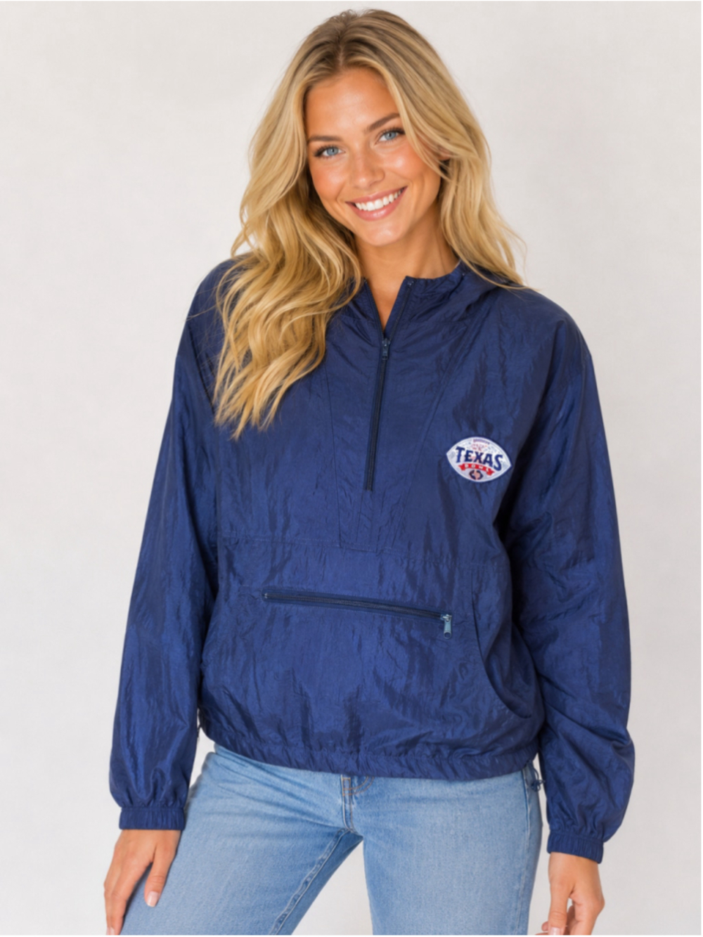 Jerzees Vintage Texas Bowl Navy Nylon Pullover Windbreaker Football Jacket 90s L
